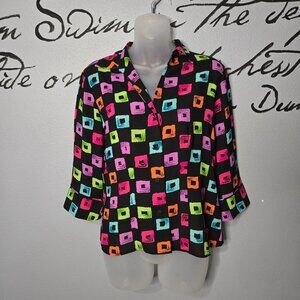 Y2K Violet & Claire Multicolor Square Blocked Button Up Long Sleeve Blouse, S